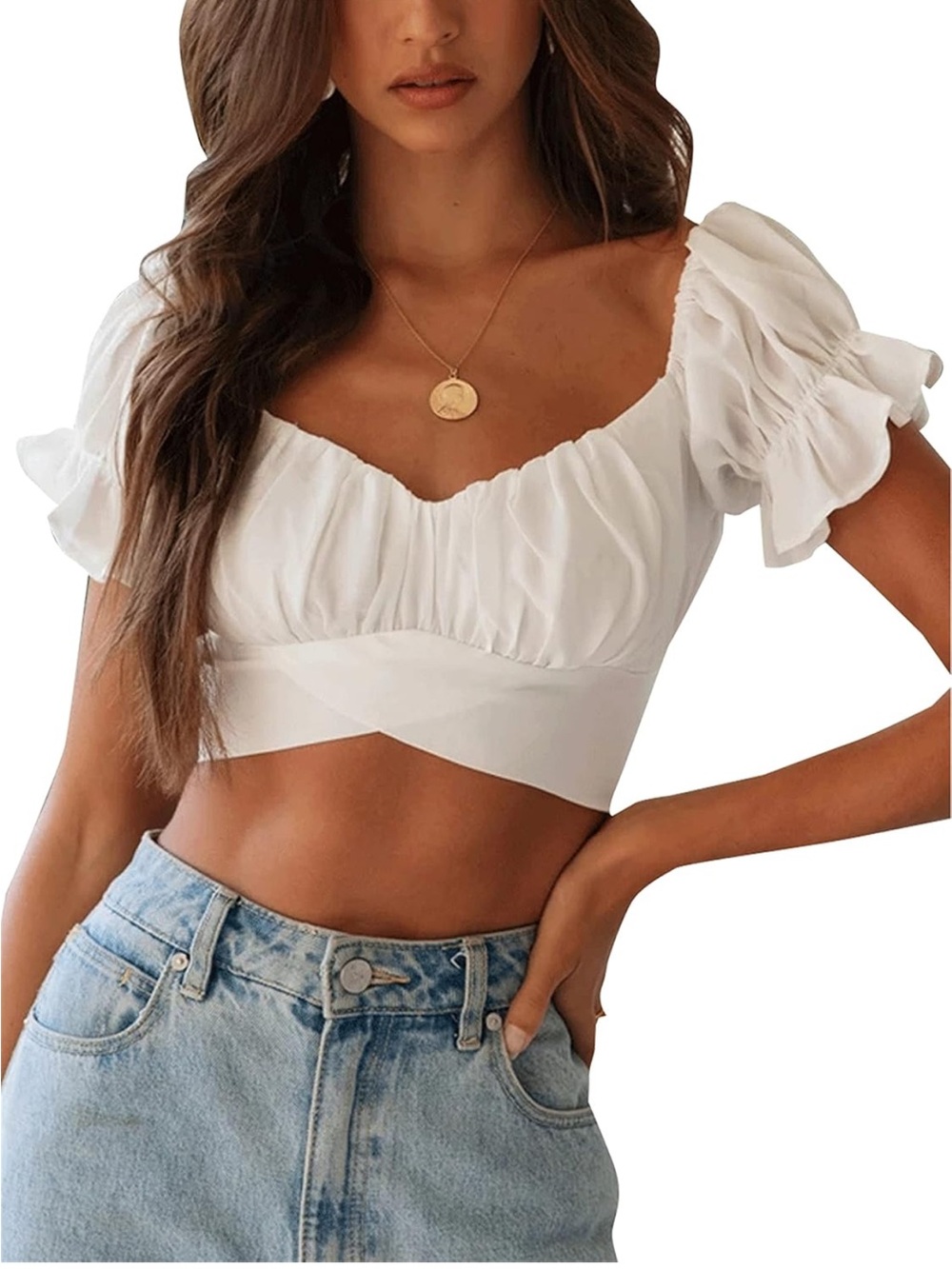 White Off-Shoulder Ruffled Crop Top - Picture 1 of 4